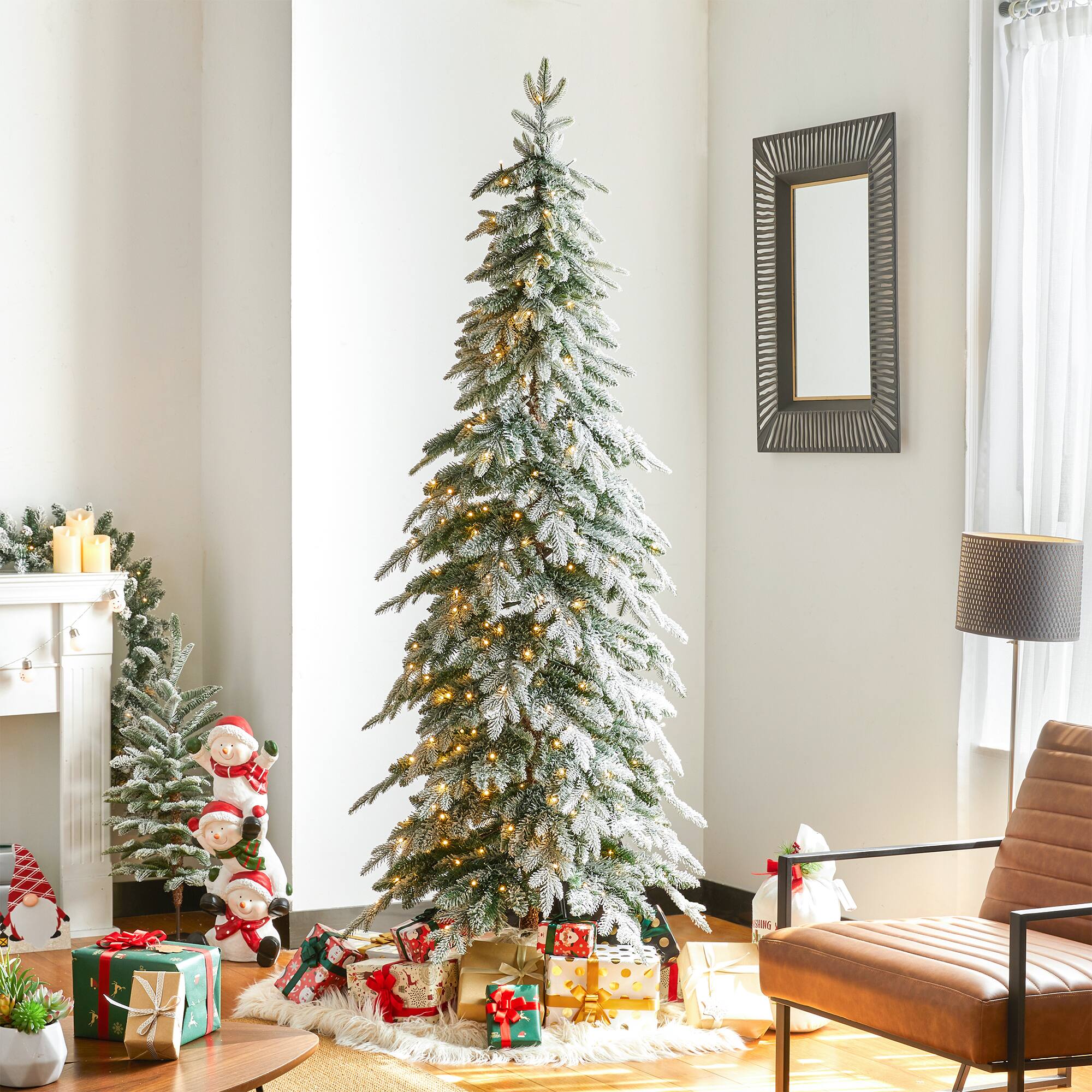 7.5ft. Pre-Lit Flocked Pencil Spruce Christmas Tree Kit with Ornaments, Tree Skirt & Santa Figurine